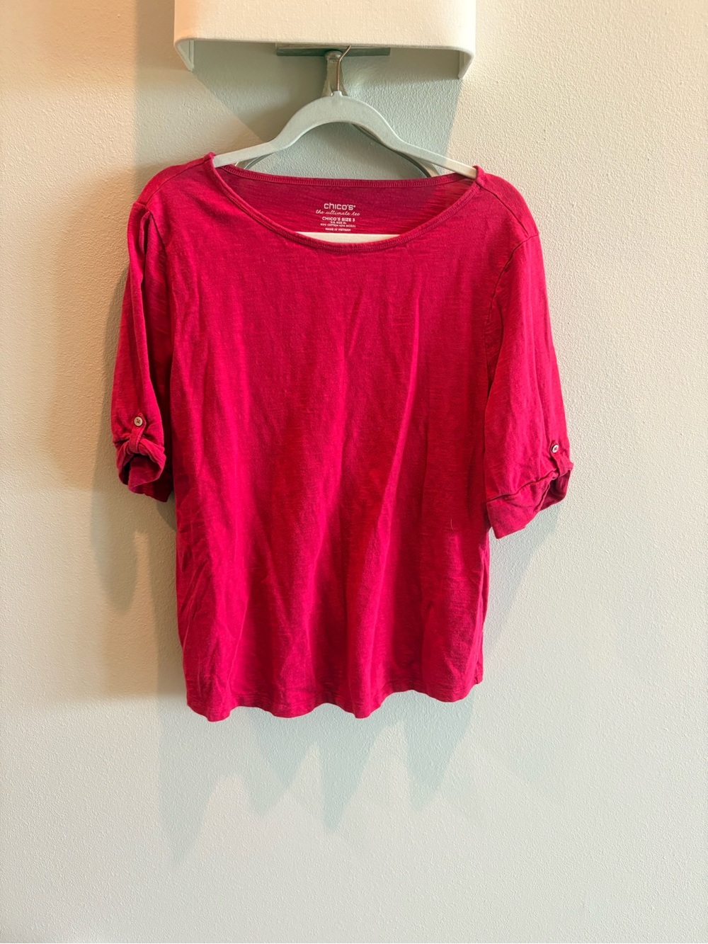 Chico's Fuchsia Roll-Tab 3/4 Sleeve Knit Top